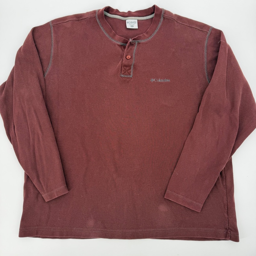 Y2K Columbia Mens XXL Waffle Knit Henley Shirt Burgundy Long Sleeve Maroon